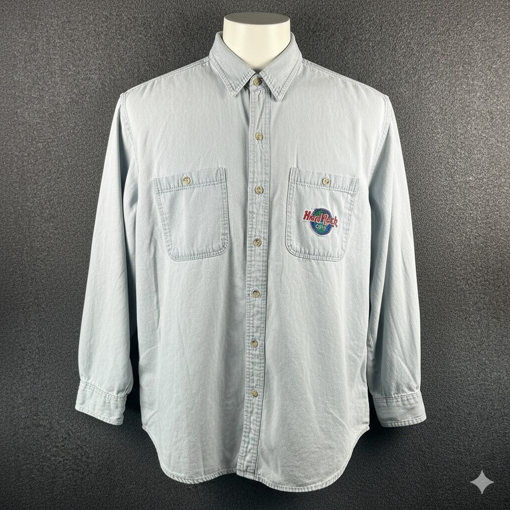Vintage Hard Rock Cafe Orlando Denim Embroidered L/S Button Down Shirt Sz Medium